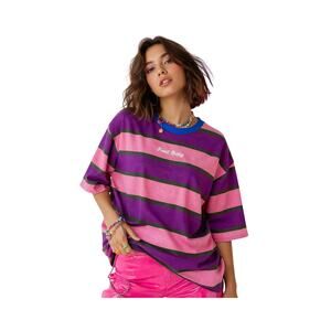 LAZY OAF Women's Food Baby Short Sleeve Striped Tee Shirt Pink Size Medium